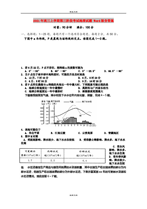 2021年高三上学期第三阶段考试地理试题 Word版含答案