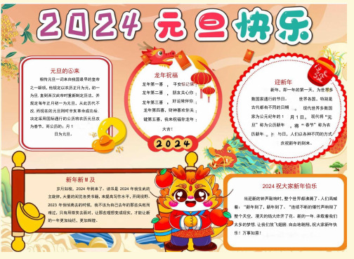 2024元旦快乐 新年快乐 电子版手抄小报(A4附线稿)