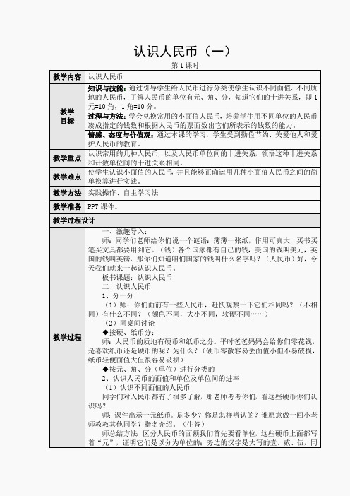 第五单元：1、认识人民币第一课时教学设计