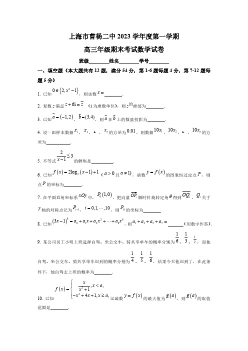 上海市普陀区曹杨第二中学2024届高三上学期期末数学试题含答案解析