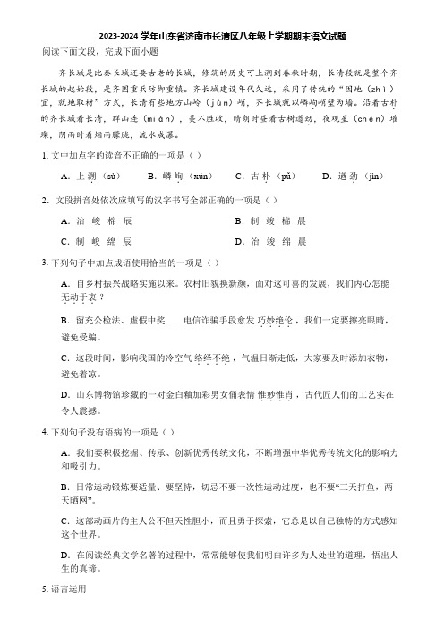 2023-2024学年山东省济南市长清区八年级上学期期末语文试题