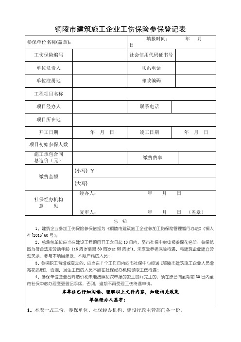 铜陵市建筑施工企业工伤保险参保登记表【模板】