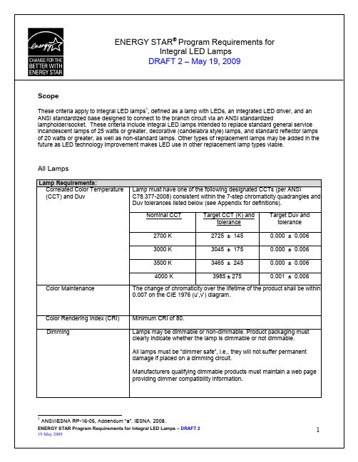 整体式LED灯的能源之星要求