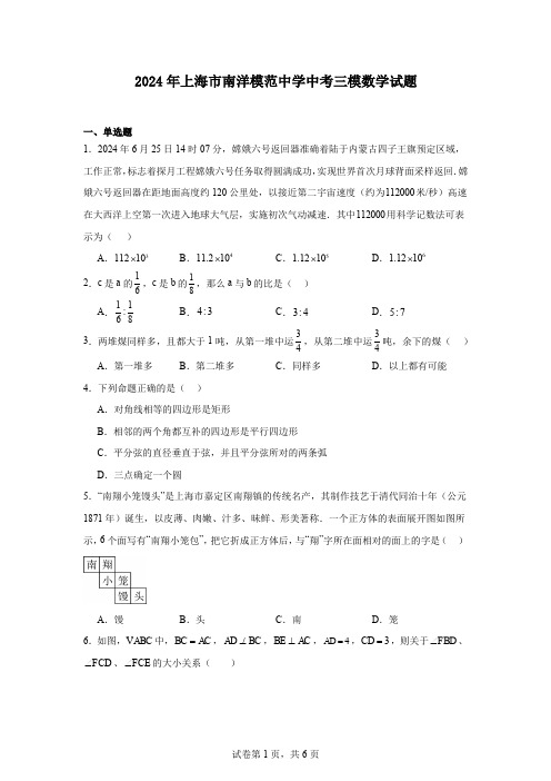 2024年上海市南洋模范中学中考三模数学试题