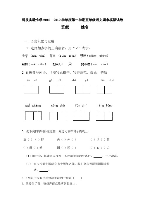 五年级第一学期试卷含答案--科技实验小学五上试卷