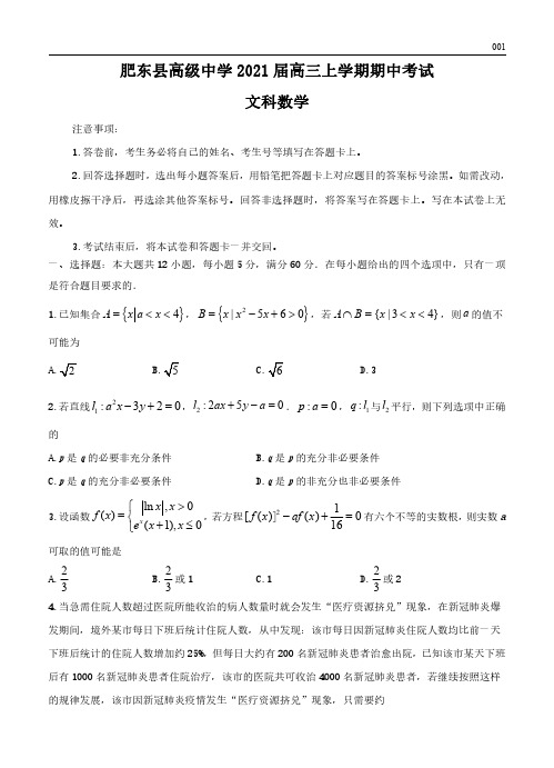 高三试卷数学(文)-安徽肥东县高级中学2021届高三上学期期中考试数学(文)试卷及参考答案