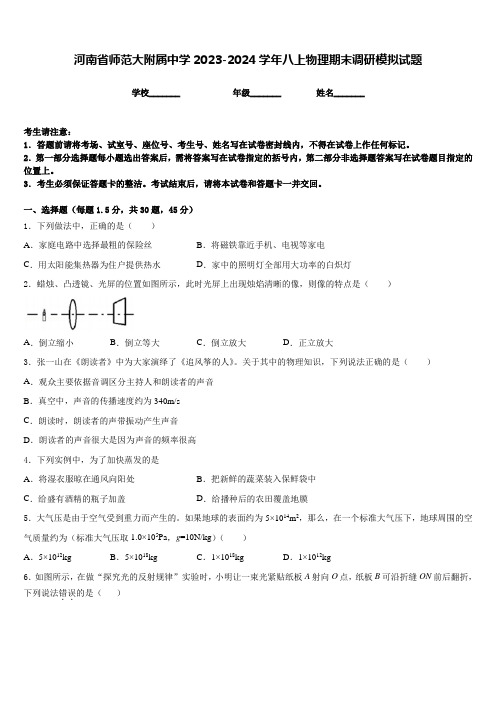 河南省师范大附属中学2023-2024学年八上物理期末调研模拟试题含答案