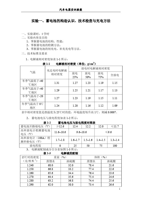 实验一、蓄电池构造认识与技术检查、电解液配制与充电