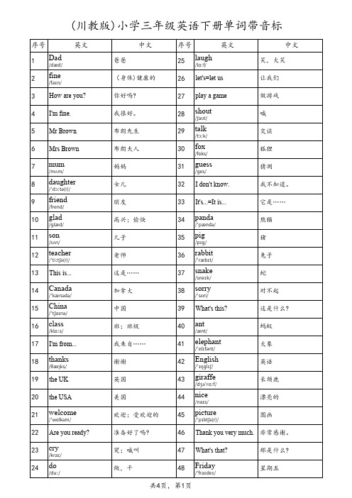 (川教版)小学三年级英语下册单词带音标