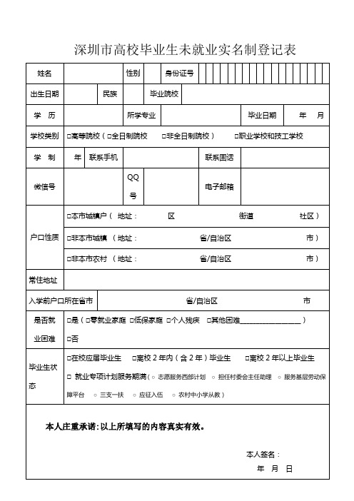 深圳市高校毕业生未就业实名制登记表