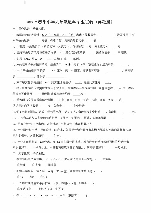 2019年小学六年级小升初数学毕业模拟试卷附参考答案文件.doc