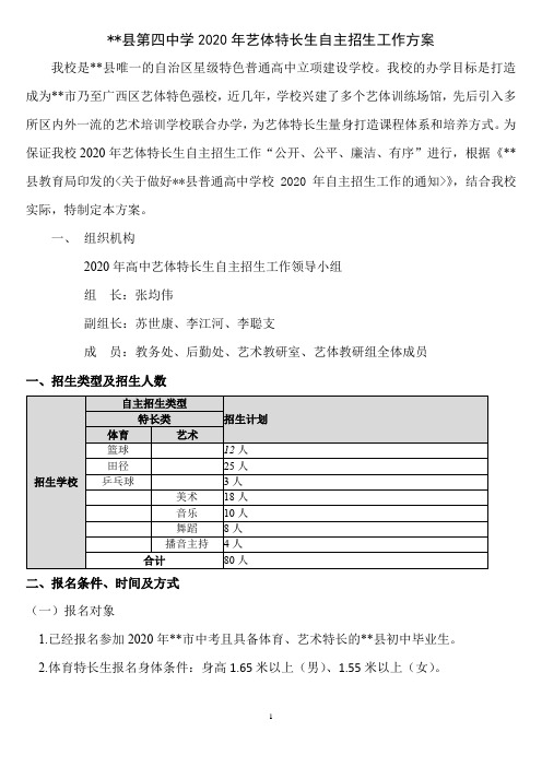 合浦县第四中学2020年艺体特长生自主招生工作方案【模板】