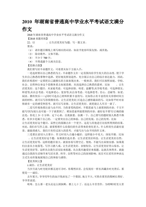 2010年湖南省普通高中学业水平考试语文满分作文