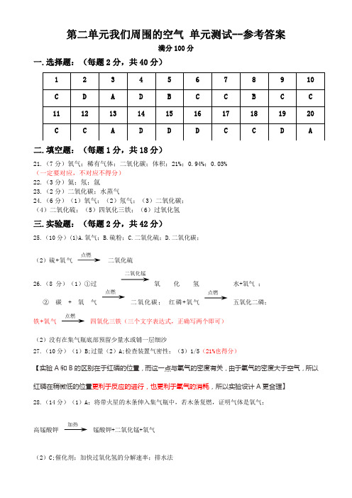 人教版九年级化学第二单元我们周围的空气单元测试--参考答案