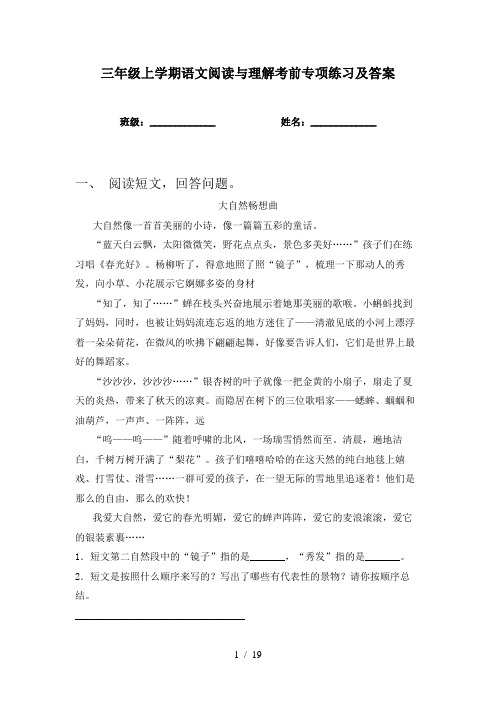 三年级上学期语文阅读与理解考前专项练习及答案