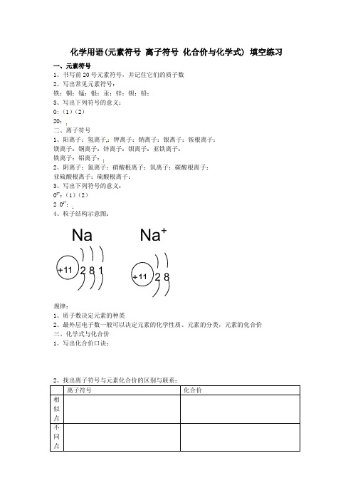 中考化学专题复习化学用语(元素符号离子符号化合价与化学式)填空练习(无答案)