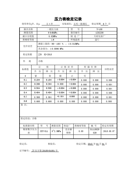 一般压力表检定记录 Y-100 0-0.6MPa