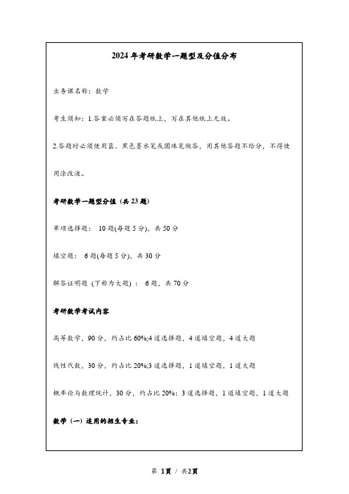 2024年考研数学一题型及分值分布