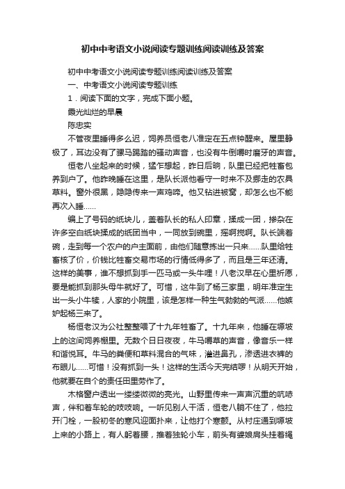 初中中考语文小说阅读专题训练阅读训练及答案