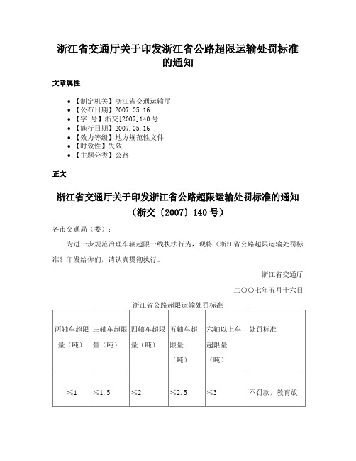 浙江省交通厅关于印发浙江省公路超限运输处罚标准的通知