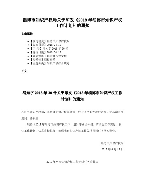 淄博市知识产权局关于印发《2018年淄博市知识产权工作计划》的通知