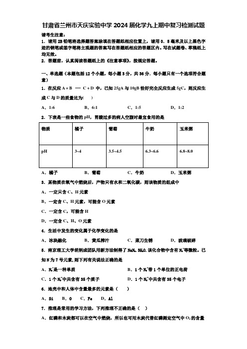 甘肃省兰州市天庆实验中学2024届化学九上期中复习检测试题含答案解析