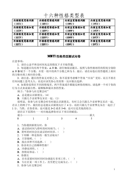 MBTI职业性格测试及解析 完整版 