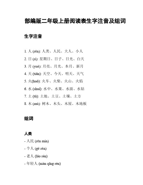 部编版二年级上册阅读表生字注音及组词