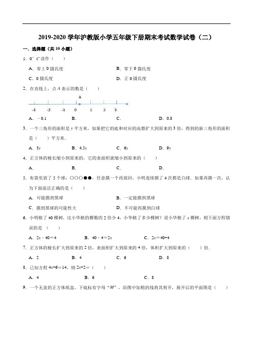 2019-2020学年小学五年级下册期末考试数学试卷(二)(解析版)