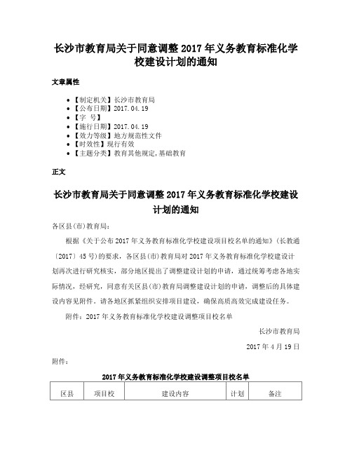 长沙市教育局关于同意调整2017年义务教育标准化学校建设计划的通知