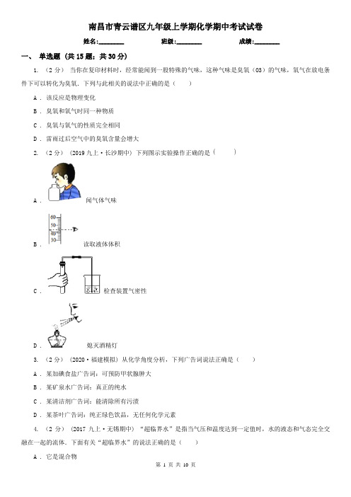 南昌市青云谱区九年级上学期化学期中考试试卷