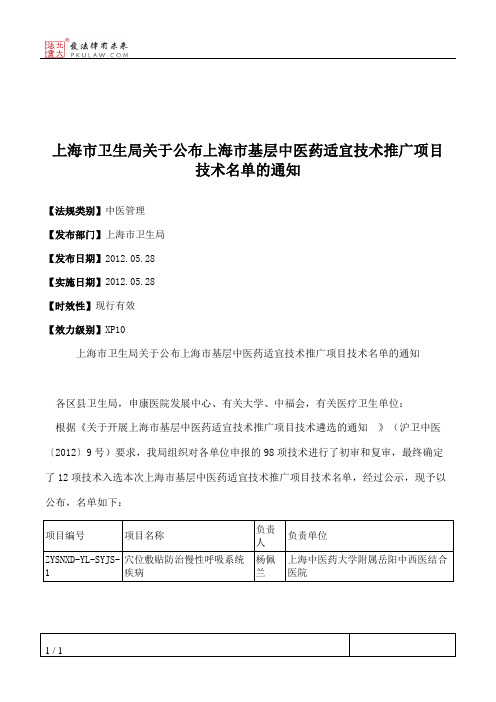 上海市卫生局关于公布上海市基层中医药适宜技术推广项目技术名单的通知