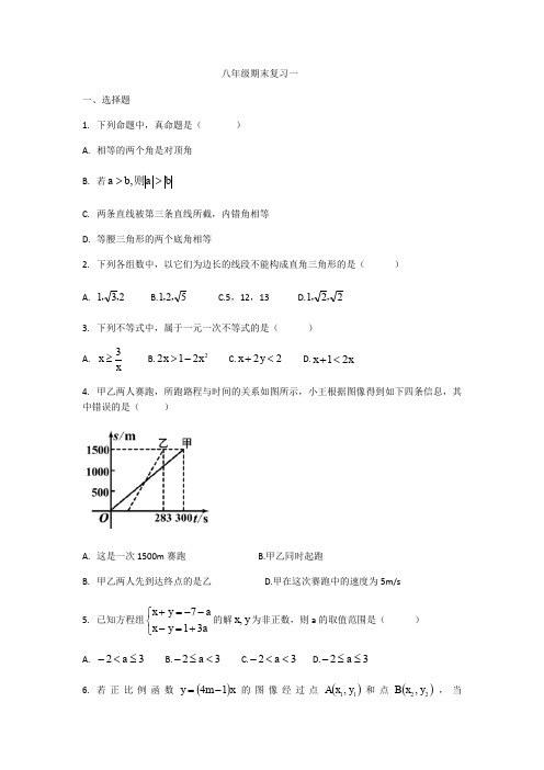 浙教版八年级数学上册期末复习一(无答案)