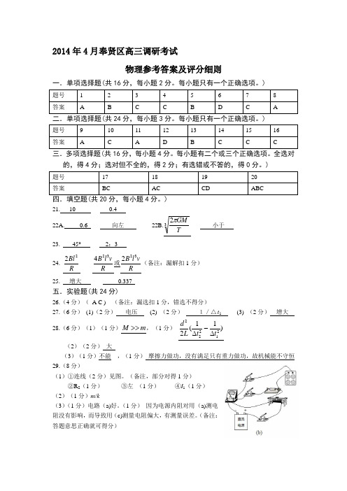 2014年4月高三物理调研参考答案及评分细则