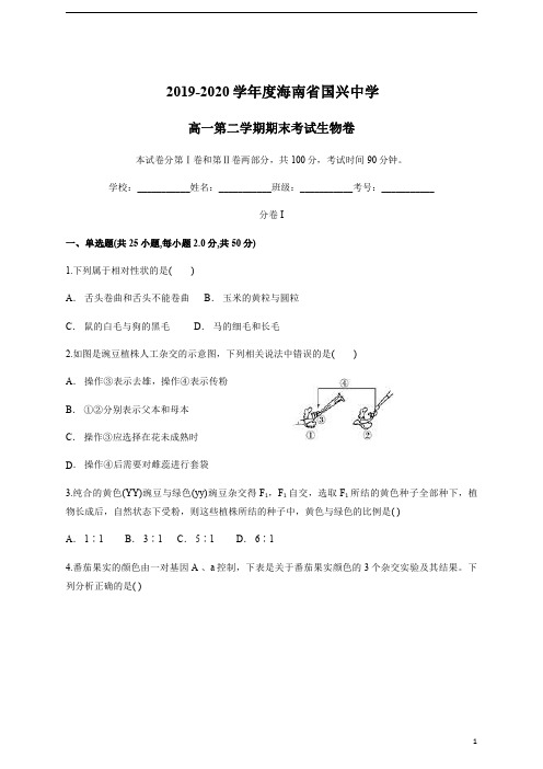 海南省国兴中学2019-2020学年高一下学期期末考试生物试题含答案