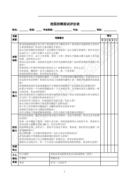 面试评估表及评分标准