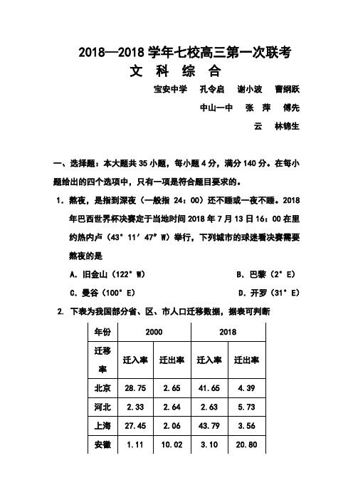 2018届广东省中山一中、潮阳一中等高三七校联考文科综合试题及答案  精品推荐