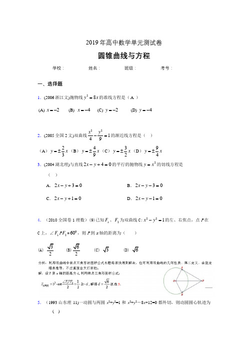 最新版精选2019高中数学单元测试《圆锥曲线方程》完整版考核题(含标准答案)
