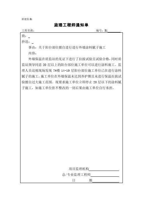 监理通知单(关于阳台部位擅自进行进行外墙涂料腻子施工)