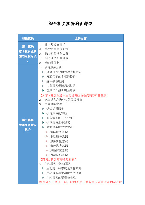 综合柜员实务培训课纲