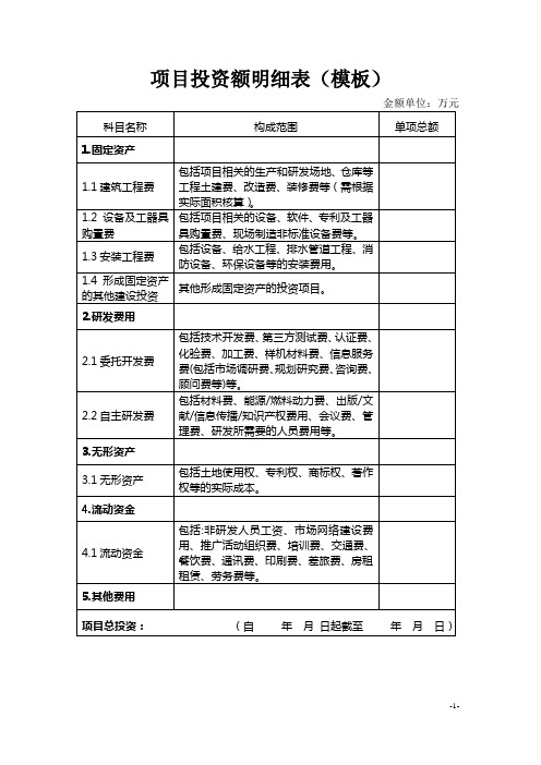 项目工程费用汇总表_项目投资额明细表模板