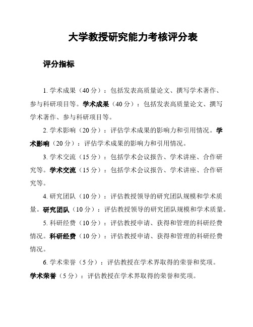 大学教授研究能力考核评分表