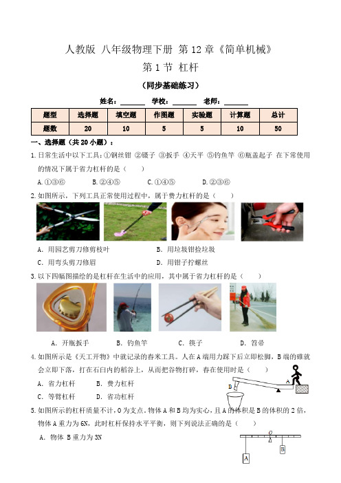 12.1杠杆(基础练习)原卷版