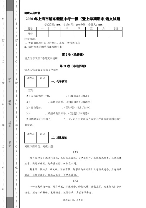 2020年上海市浦东新区中考一模(暨上学期期末)语文试题(附带超详细解析及作文范文)