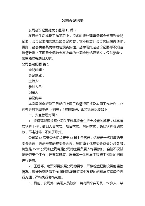 公司会议纪要范文（通用13篇）