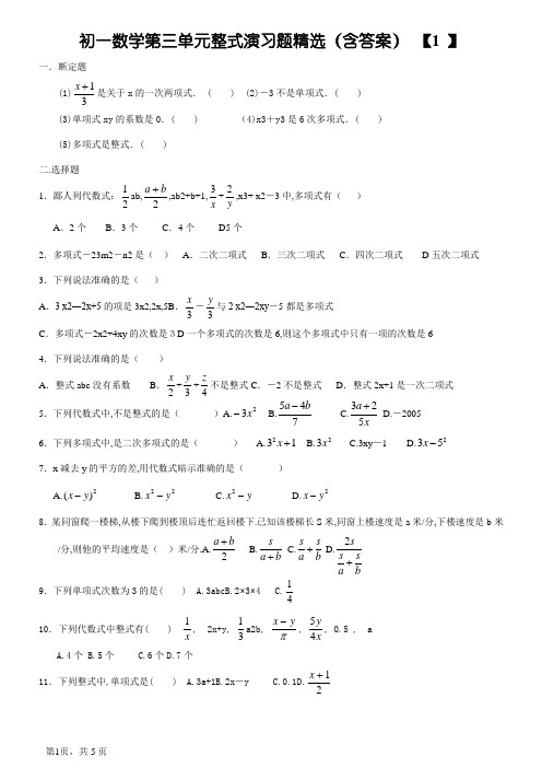 初一数学整式练习题精选(含答案)