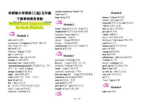 外研版小学英语(三起)五年级下册单词表含音标