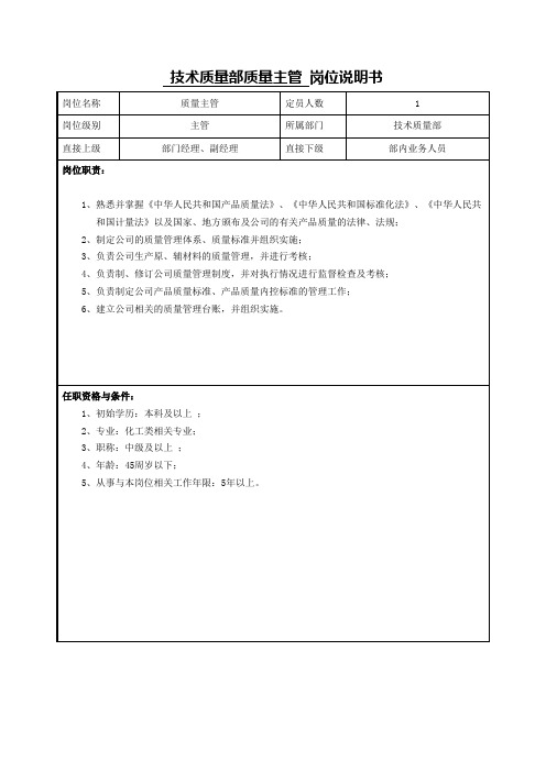 技术质量部质量主管岗位说明书