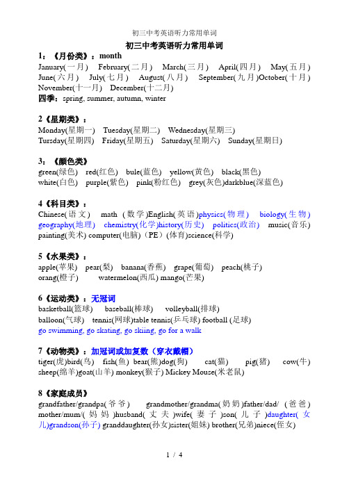 初三中考英语听力常用单词