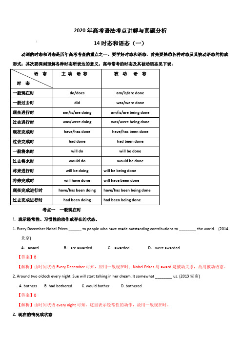 2020年高考英语语法考点讲解与真题分析专题14：时态和语态(一)